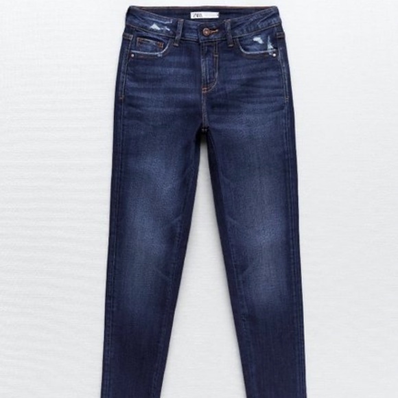 Zara Denim - Zara basic denim straight skinny fit women's jeans dark wash lightly distressed